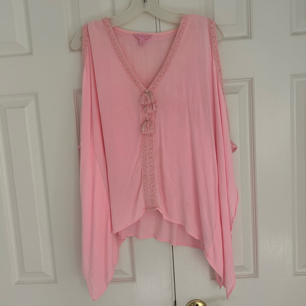 Lilly Pulitzer Pink Tassel V-Neck Cold-Shoulder Women's Top